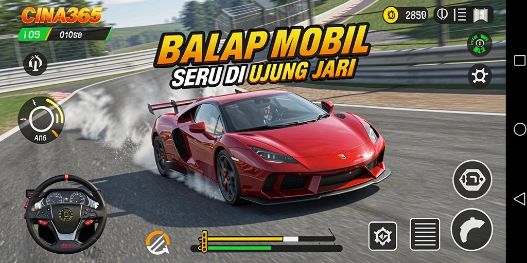 Tampilan gameplay CINA365 dengan mobil balap yang mendebarkan di lintasan.