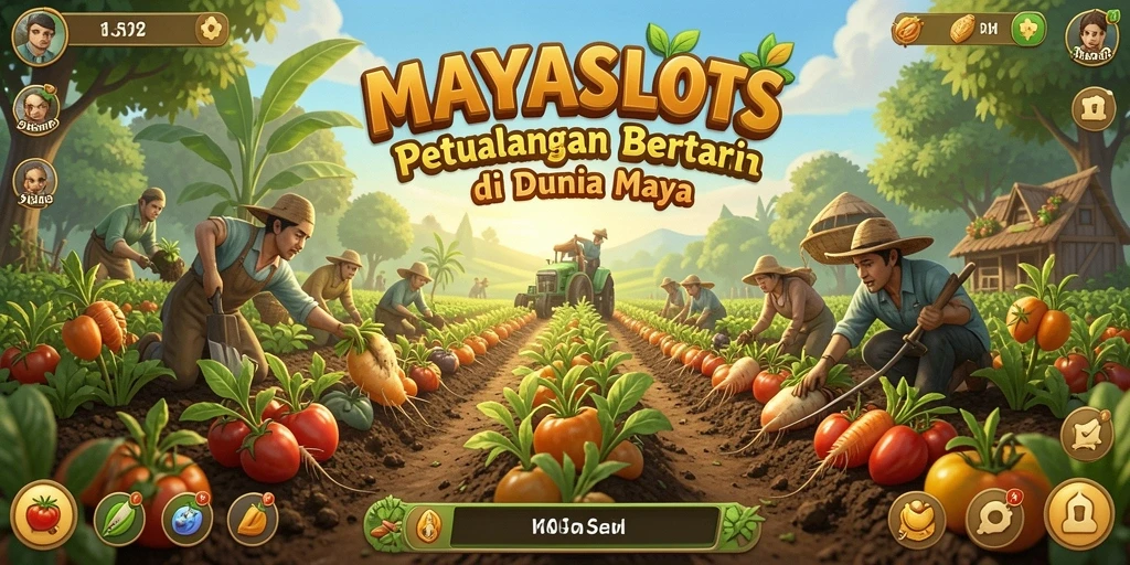 Tangkapan layar gameplay MAYASLOTS menampilkan aktivitas bertani yang seru.
