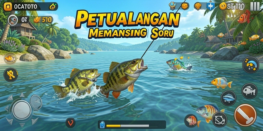Screenshot gameplay OCATOTO menampilkan aksi memancing yang mendebarkan.